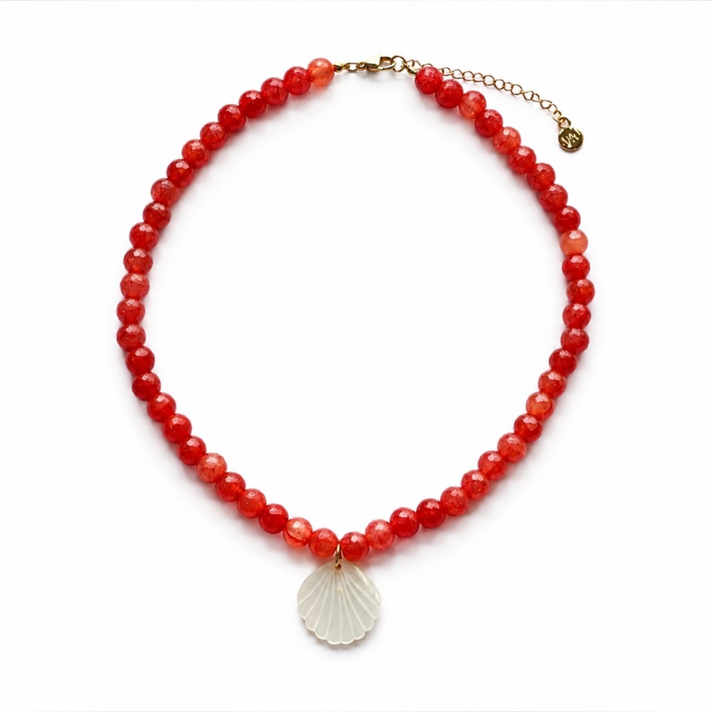 Gold-Accented Red Beaded Necklace with Shell Pendant